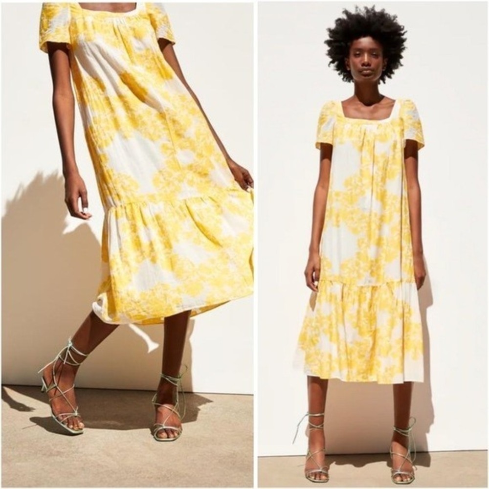 Zara Women Guatemala Midi Dres Sz M/L Yellow Summer Boho  Short‎ Sleeve Floral